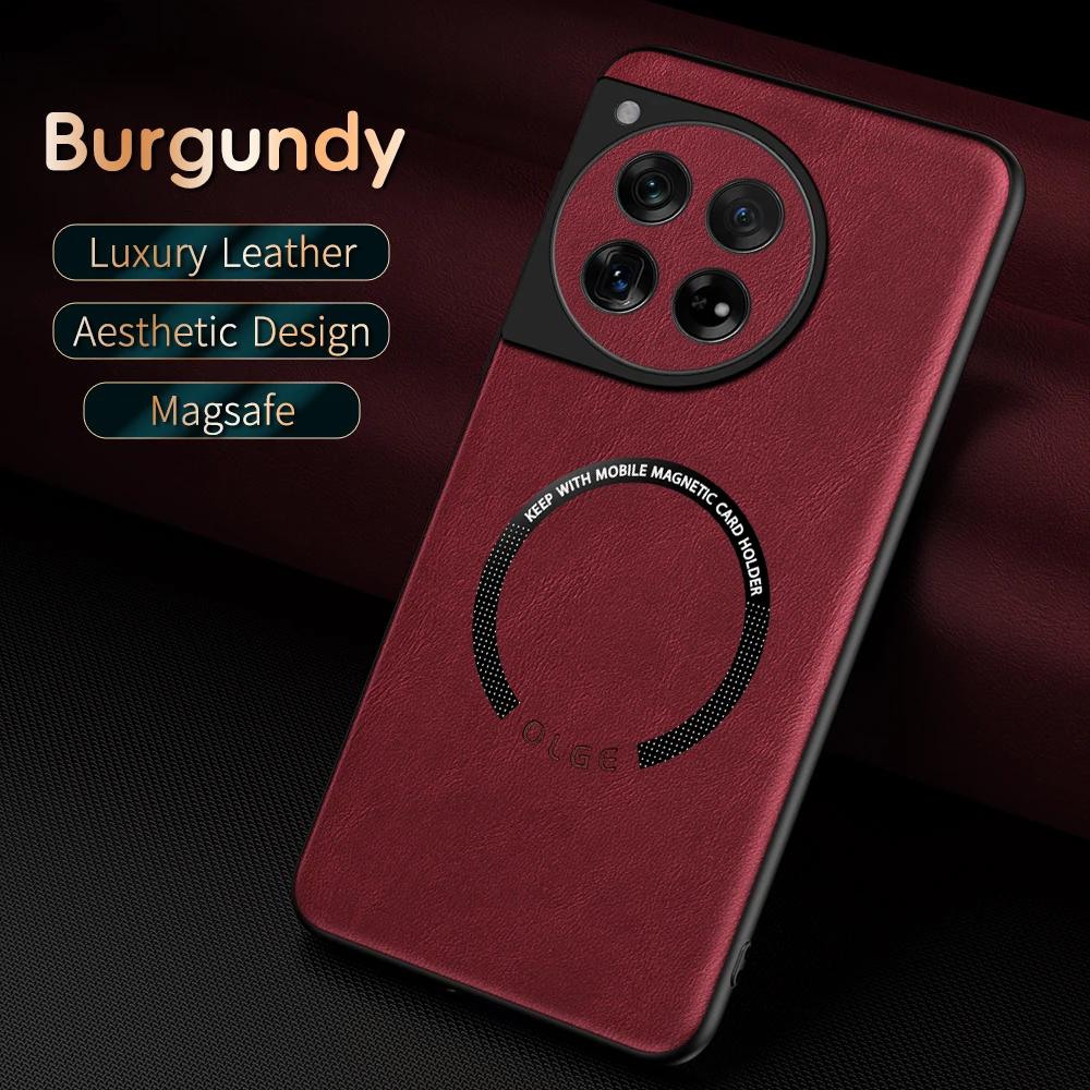 For OnePlus 13 12 11 Fine-hole PU cow pattern leather external magnetic ring soft edge anti-drop anti-fingerprint phone case