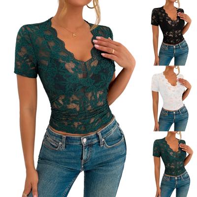 T Shirts For Women Pleated V-Neck Dressy Casual Blouses Printing Short Sleeve Summer Tops Loose Fit