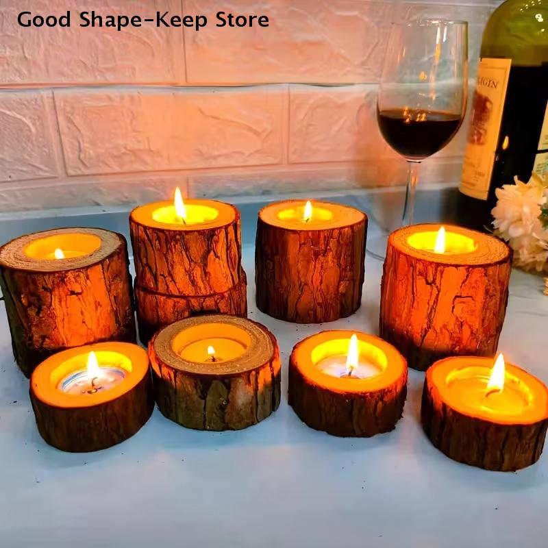 3pcs Nordic Style Wooden Candlestick Base For Bedroom Room Candle Tree bark wooden candle holder Tree Stump Candlestick Ornament
