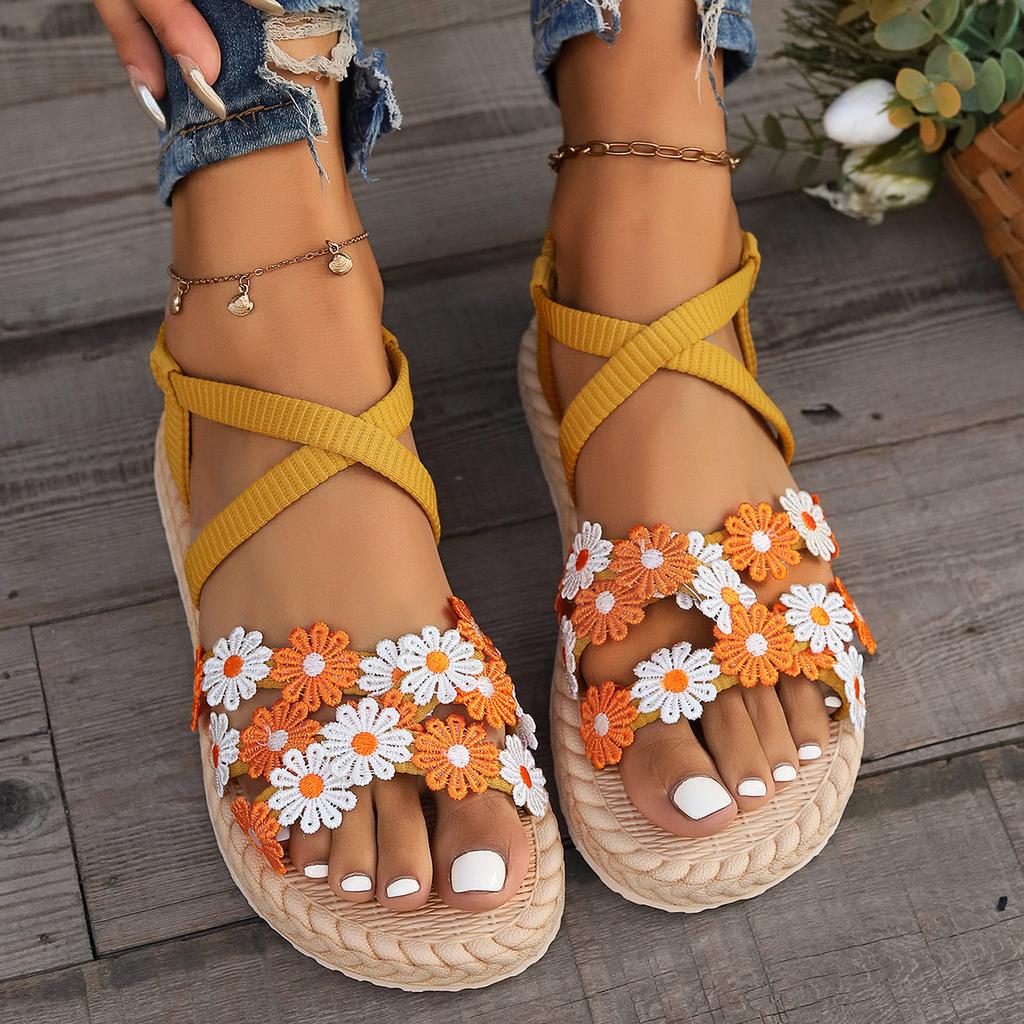 New Fashion Hundred Women's Cross Strap Flower Sandals - Non-Slip Wearable Fairytale Style Indoor and Outdoor Summer Shoes