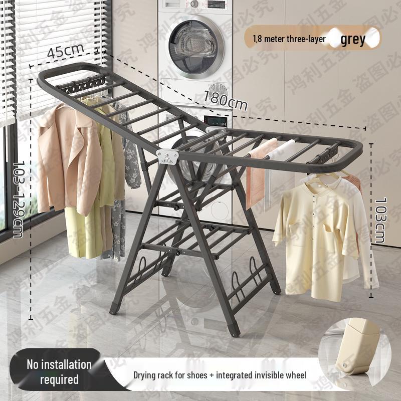 Folding Floor-Standing Clothes Drying Rack for Household, Bedroom, Balcony, Indoor Use - Ideal for Baby Clothes and Quilts.