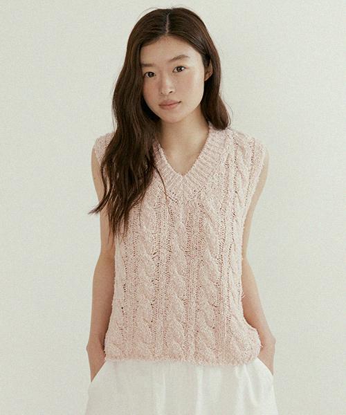 Lingseoul Cable Cotton Blended Knit Vest-Pink