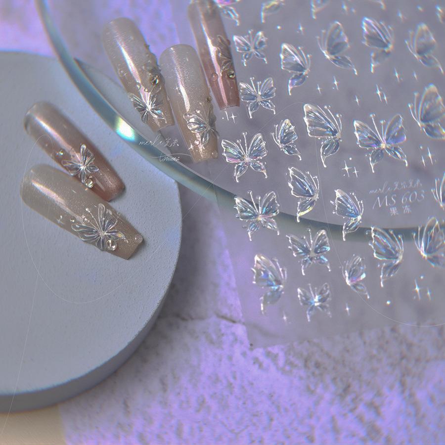 Jelly Nail Stickers Shiny Charming Butterfly Self Adhesive Nail Art Stickers Ribbon Butterfly Nails 3D Decorations Stickers DIY