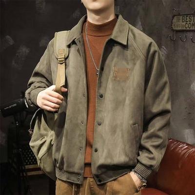 Men's Loose Spring/Autumn Gray-Green Suede Baseball Jacket