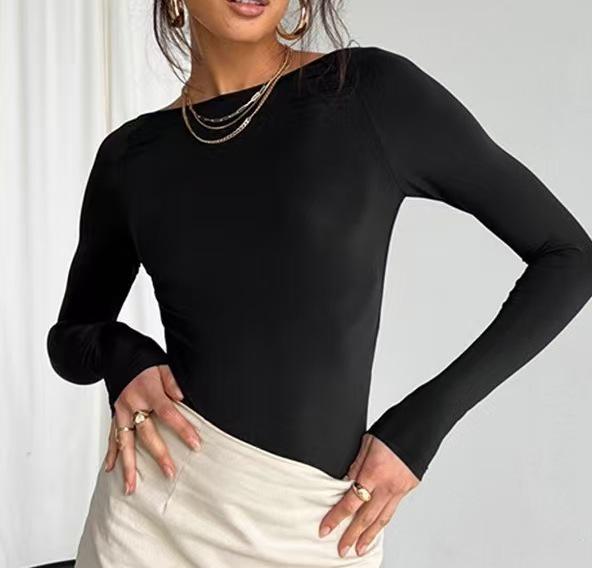 

2025 Spring & Autumn Women s Solid Color Round Neck Slimming Long Sleeve T-Shirt - European & American Style M