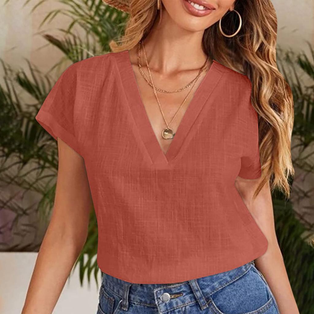 Women's Fashionable Cotton Linen Loose V-Neck Short-Sleeve Top