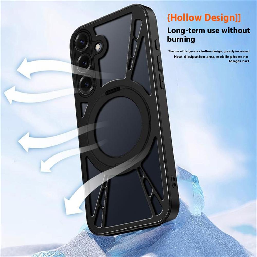 For Samsung Galaxy S25+ Case Magnetic Kickstand Hollow Heat Dissipation Silicone+PC+Metal Bumper Phone Cover