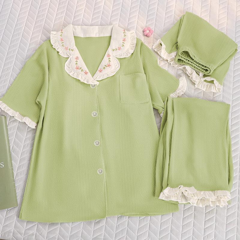 Small fresh solid color lace pajamas women's summer imitation cotton jacquard short-sleeved casual loungewear three-piece set