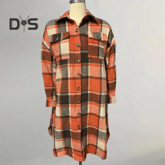 Podzim Zima Dámský Kabát Typ Košile Kostkovaný Potisk Jednořadé Zapínání Klopový Límec s Náprsními Kapsami Rozparek na Lemu Volný Střední Délka Denní Nošení Práce Venkovní