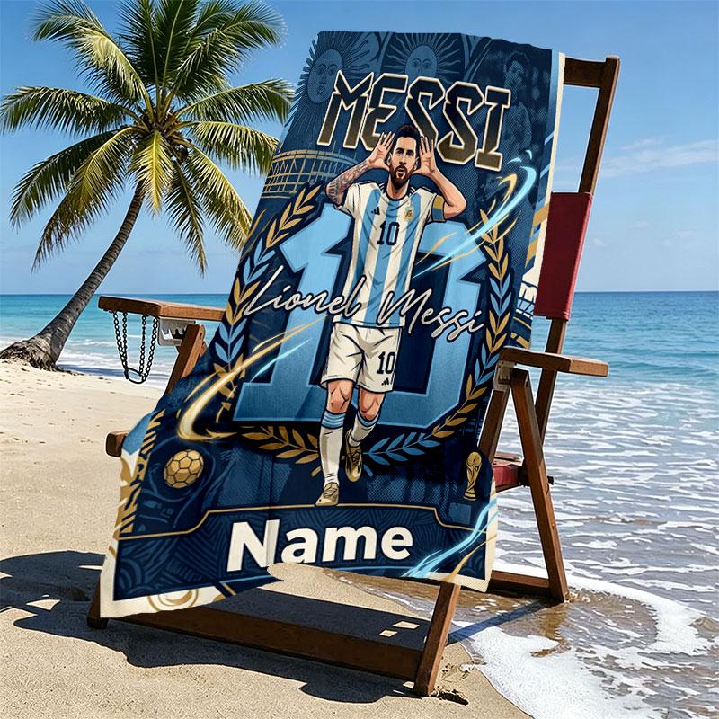 Serviette de plage personnalisée avec nom, impression Leo Messi, pour voyage, camping, fête à la plage, décoration intérieure, cadeau d'anniversaire pour la famille et les amis