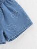 Girls' Two-Piece Outfit: Casual & Simple Sleeveless Vest Top with Cute Floral Accents, Paired with Stylish Denim Shorts