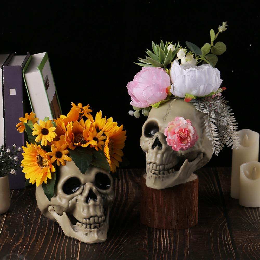 With Flower Sunflower Skull Ornament Plastic Halloween Decoration Prop Skull Statue  Living Room
