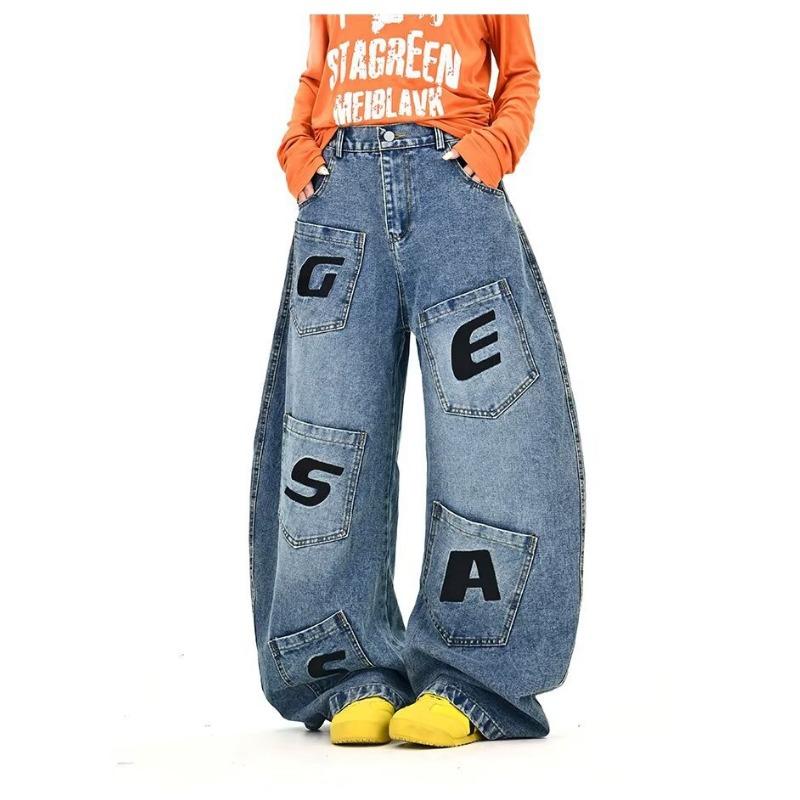

Vintage letter embroidery multi-pocket tooling jeans women s spring summer new loose wide-leg scimitar pants S синий