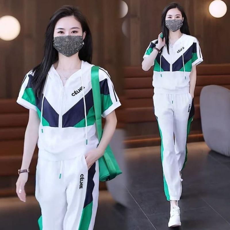 

Summer Casual Sports Fashion Foreign Style Loose Color Matching Slim Trousers Suit Sports Casual Suit XXXL зелений