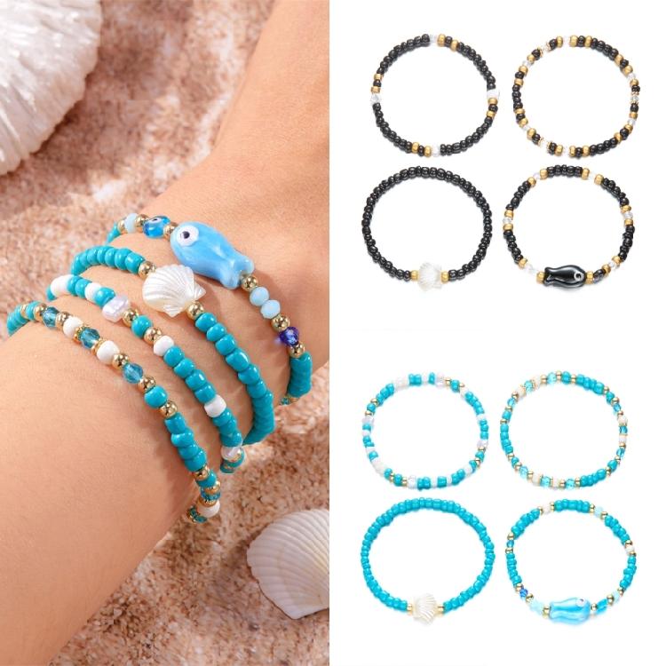 Handgefertigte Muscheln Keramikfisch Armbänder Dehnbare Handgelenkschmuck Stapelbare Sommer Strand Accessoires Für Frauen