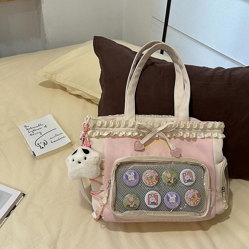 Women's Color Block College-Style Backpack with Ballet Ruffle Lace Design