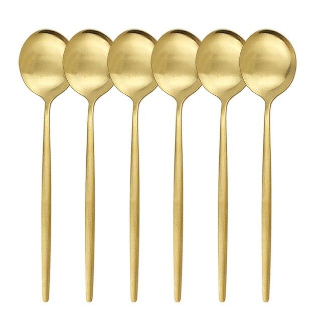 6Pcs Black Gold Cutlery Set Stainless Steel Dinnerware Spoon Set Dessert Spoon Dinner Tableware Set Party Kitchen Silverware Set