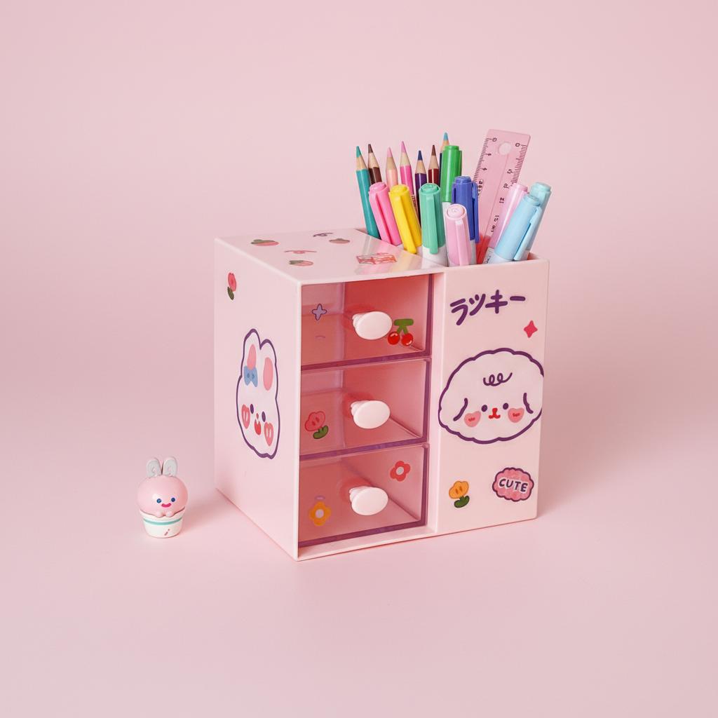 Mignon Organisateur de Pot à Crayons Dessin Animé pour Filles Étudiantes Bureau Boîte de Rangement Multifonctionnelle avec Compartiments pour Papeterie