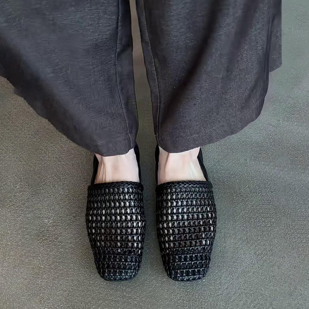 Viereckige Spitze, mittelhoher Rist, gewebtes Netz, hohl, atmungsaktiv, Einschlupf-Loafer, vielseitige Ballerinas für Frühling und Sommer