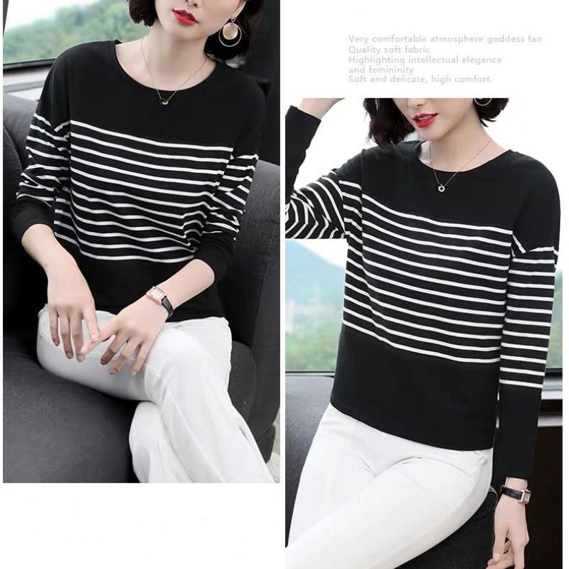 M-5XL Long Sleeved T-shirt for Women Fashion Autumn Clothing Loose Round Collar Bottoming Shirt New Striped Top