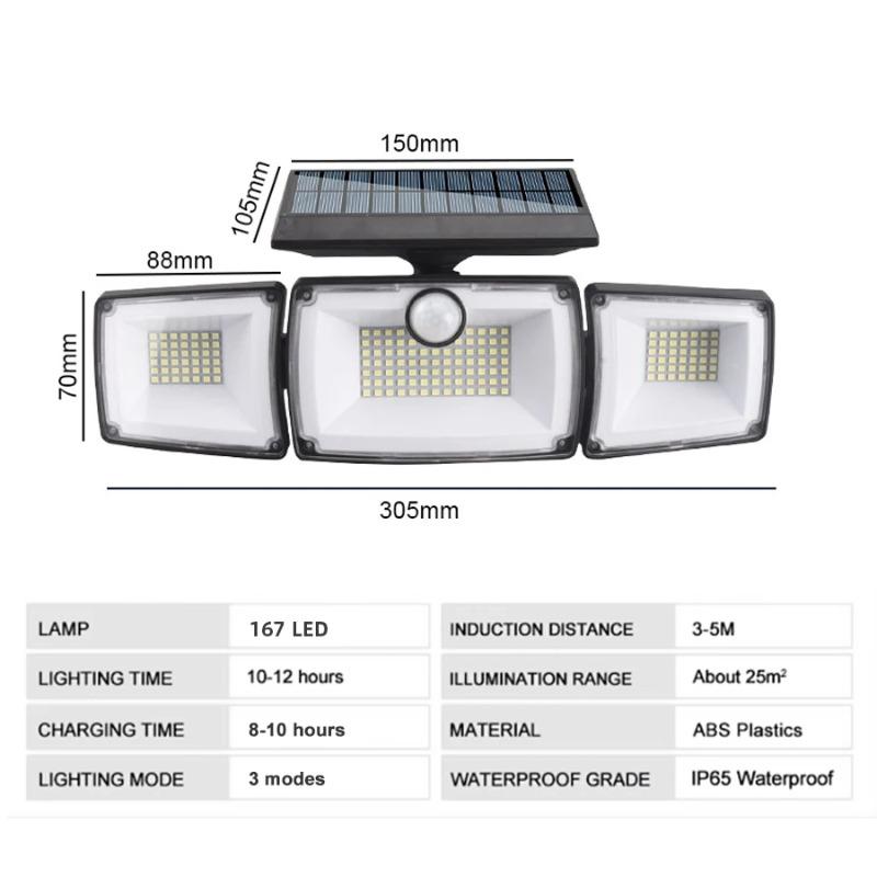 Solar Lights Outdoor 3 Heads Flood 167 LED Security Light Waterproof with PIR Motion Sensor Garden Yard Garage Street Wall Lighting