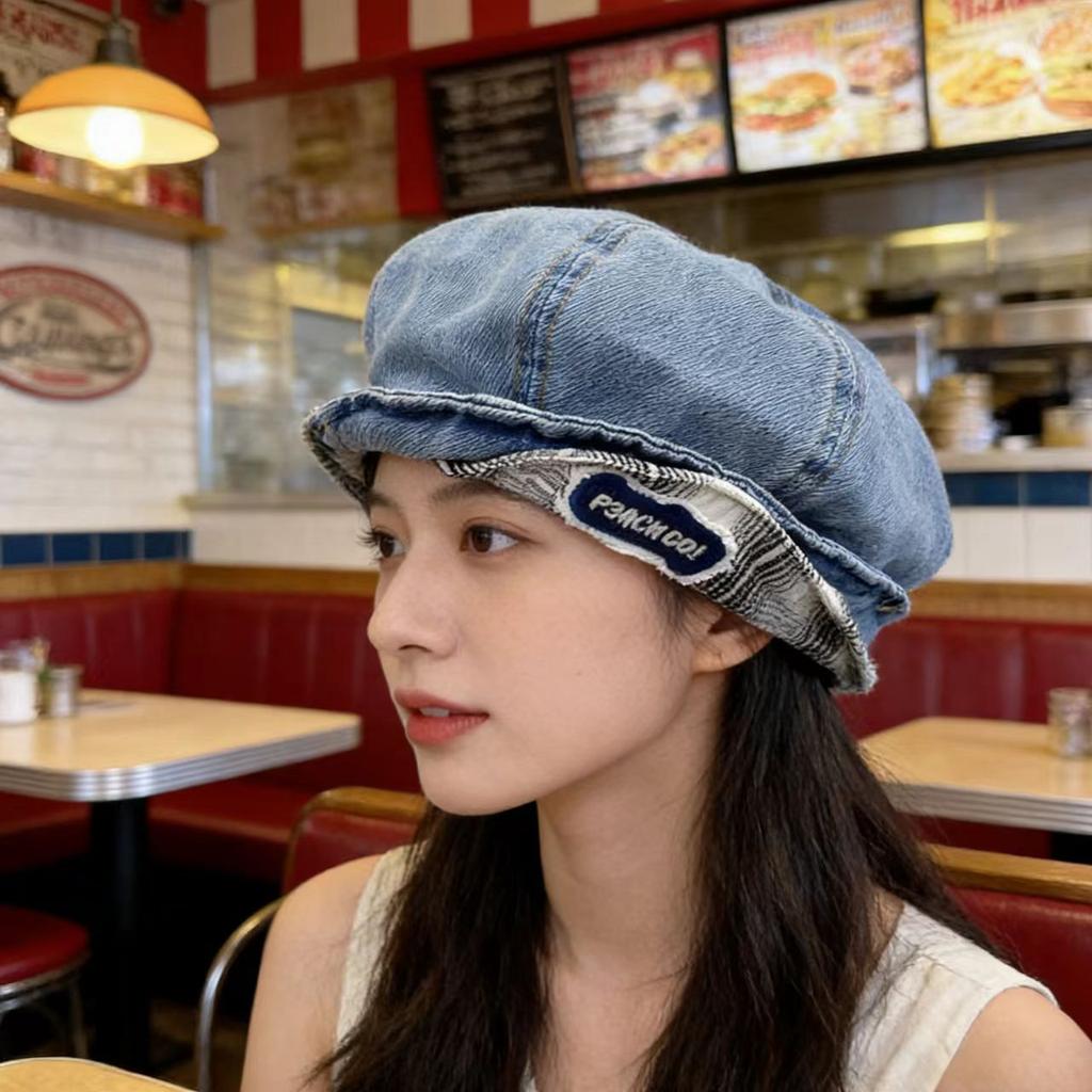 New Denim Cloud Beret Female Cute Big Head Circumference Newsboy Hat Showing Face Small Cloud Octagonal Painter Hat