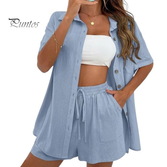

2 шт./компл., женская рубашка, комплект с шортами, однотонный комплект с короткими рукавами, нагрудный карман, блузка с лацканами, шнурок с высокой талией, свободные брюки длиной выше колена, повседневный комплект L