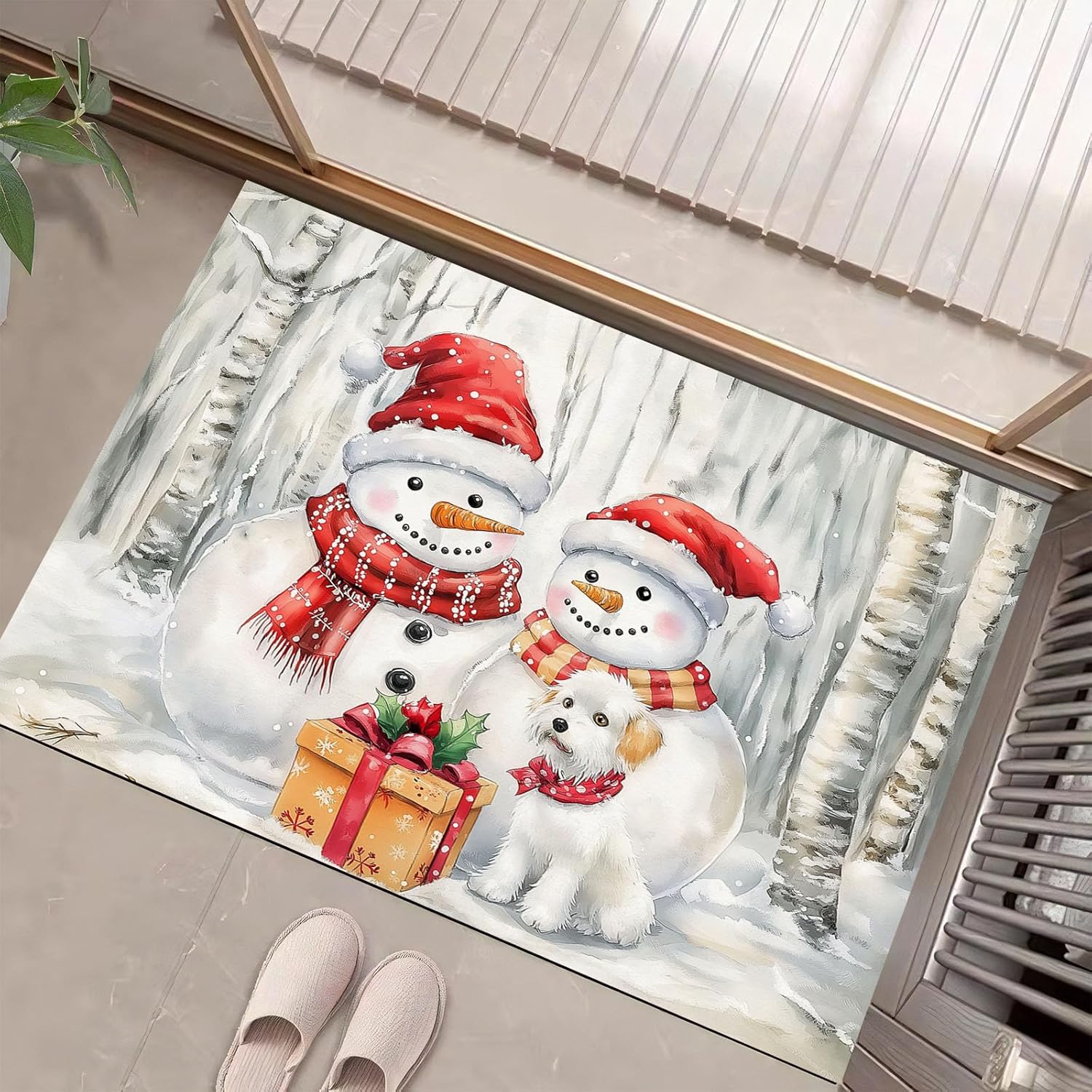 

White Christmas Welcome Doormat,Red Scarf Snowman Element Home Decor Low-Profile Switch Rug Door Mat Floor Mat Indoor Outdoor 60x90CM