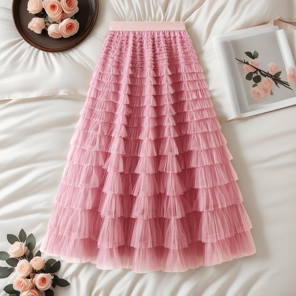 Elegant French Style Layered Cake Skirt - High Waist, Fluffy Winter Fashion for Women