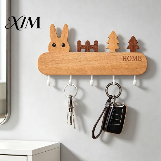 Pet Leash Holder for Wall Wooden Key with 5 Hooks, Cartoon House Theme Organizer, Multi Entryway Storage Purpose Hanging Rack Keys Leashes And