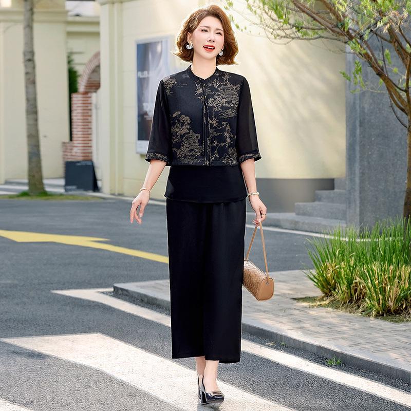 Elegant Summer Chiffon Top & Wide-Leg Pants Set for Moms and Seniors 4XL