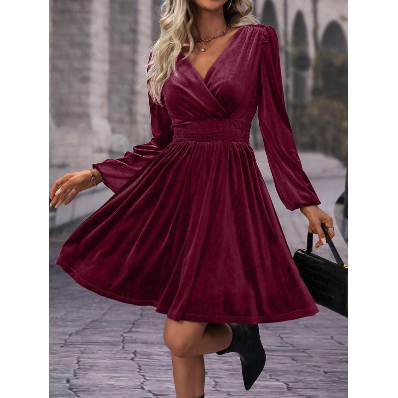  New Autumn/Winter Velvet V-Neck Long-Sleeve Dress – European & American Style