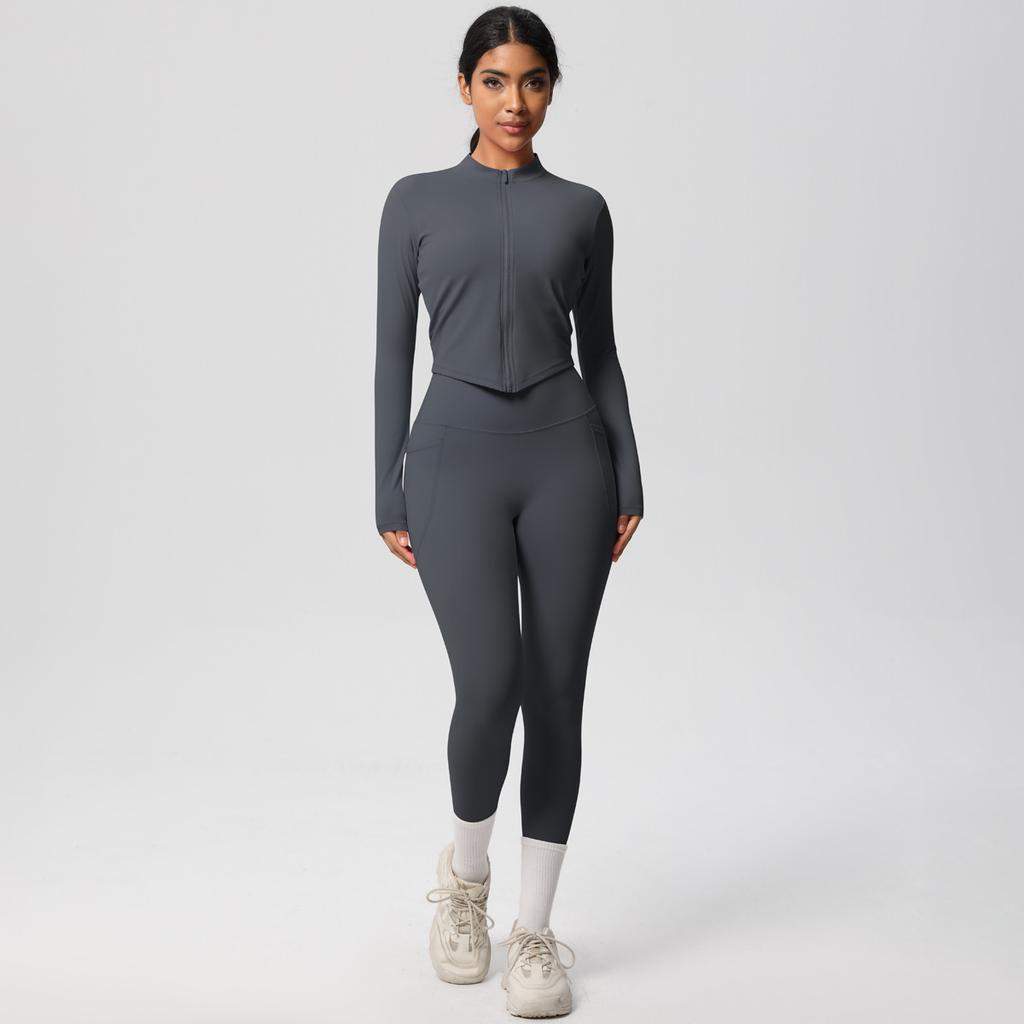 Naked Tight Zipper Jacket Yoga Suit Set, High Waist Pocket Quick Drying Exercise Running Fitness Two-Piece Set For Women