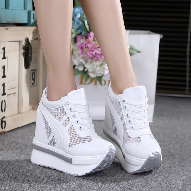 Fashion NEW Classic Women Mesh Platform Sneakers Trainers White Shoes High Heels Wedges Outdoor Shoes Breathable Casual Shoes Woman