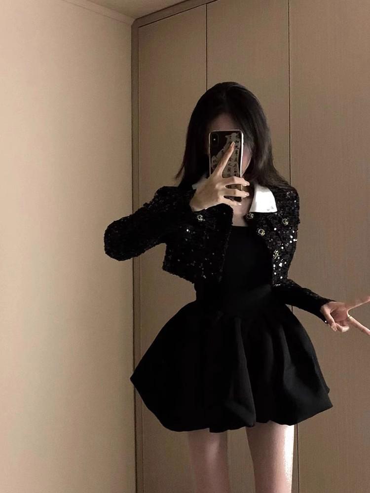 Kleines Französisches Chic Schwarzes Herbstkleid - Puffiger Prinzessin Tulpenrock