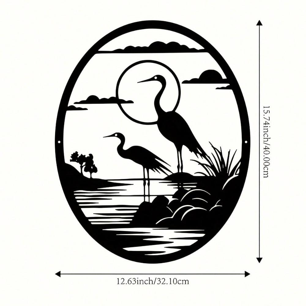 Wrought Iron Heron Wall Art Sculpture with Landscape Oval Frame for Home Garden Decor TY-101534