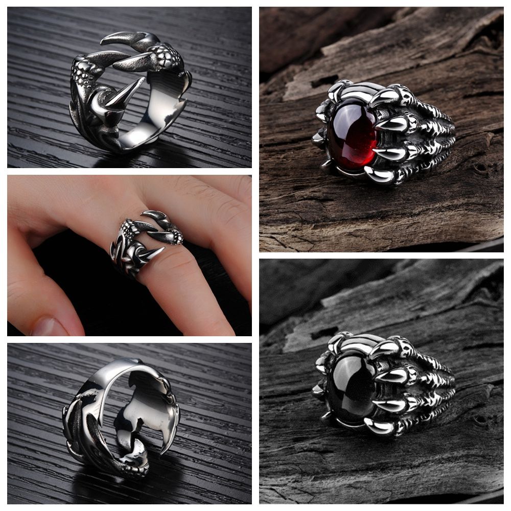 

Fashion Vintage Titanium Steel Red Gem Hip Hop Biker Gothic Punk Dragon Claw Rings