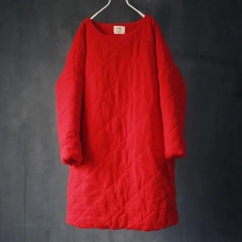 Johnature Dámské pulovrové parky Zimní O-výstřih Dlouhý rukáv Jednobarevné kabáty Bavlna Len Teplé Dámské Vintage kabáty