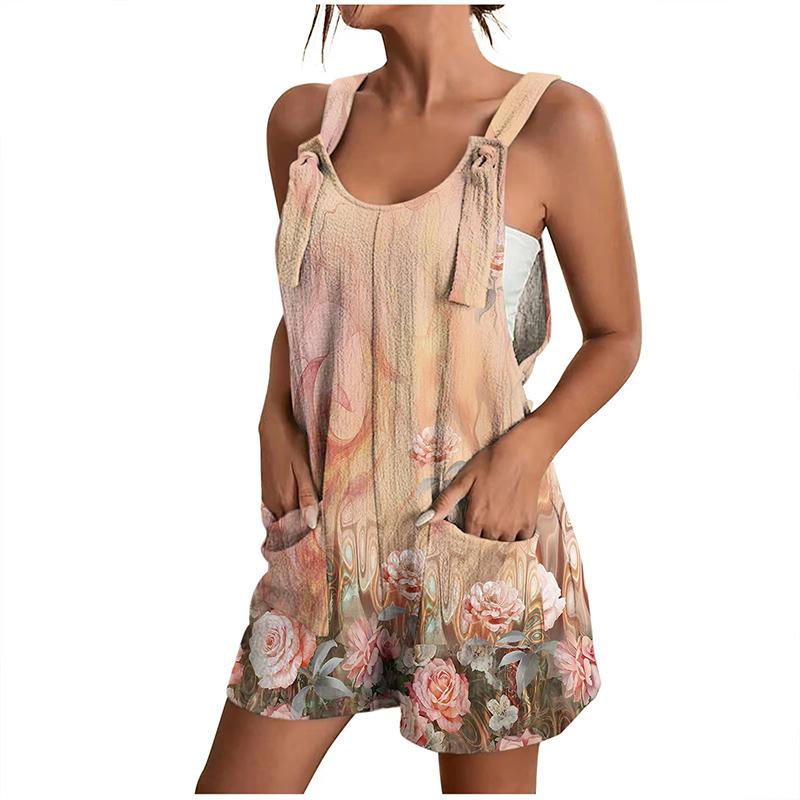2025 Women Floral Print Sleeveless Pocket Decoration Jumpsuit Fashion Elegant Casual Loose Female Streetwear Outfits