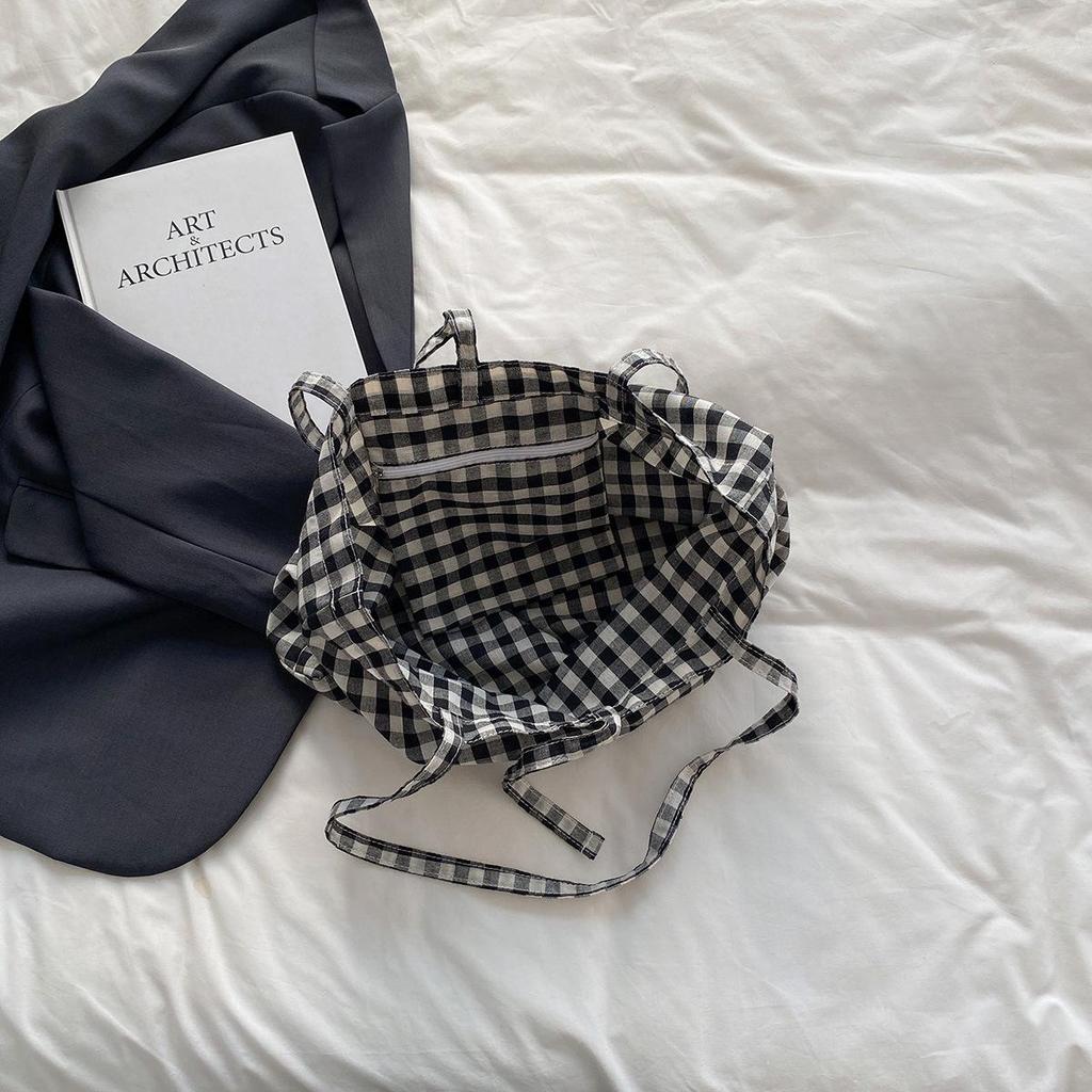 Korean Plaid Canvas Shoulder Bag - Trendy, Literary Style for College Students