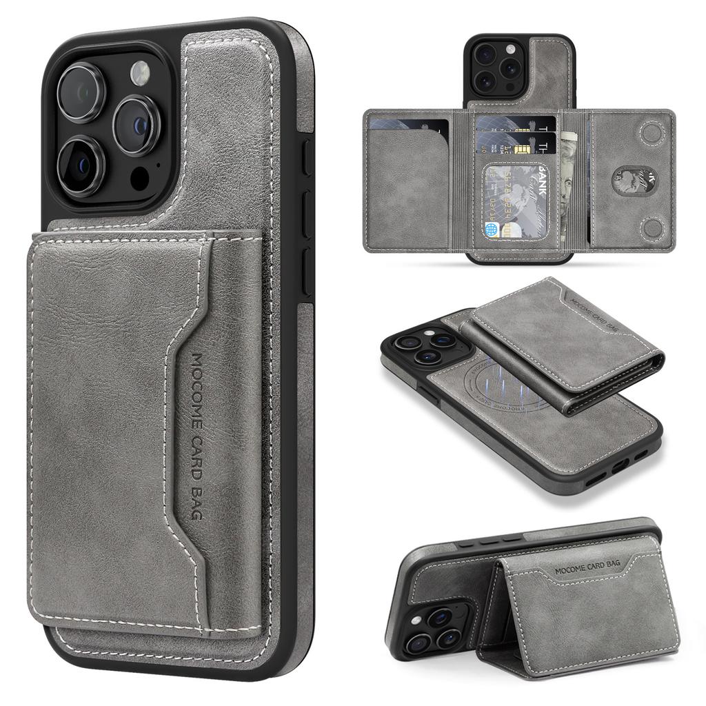 For iPhone 15 Pro Magnetic Case Leather Back Phone Cover with Detachable Card Bag