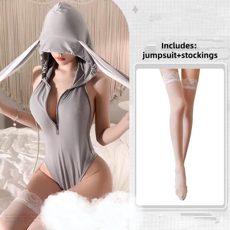 Sexy Lingerie Costume Bunny Girl Body Suit Bunny Gray Women Zipper Backless Long Rabbit Ears Hoodie Pajamas Cosplay Costume