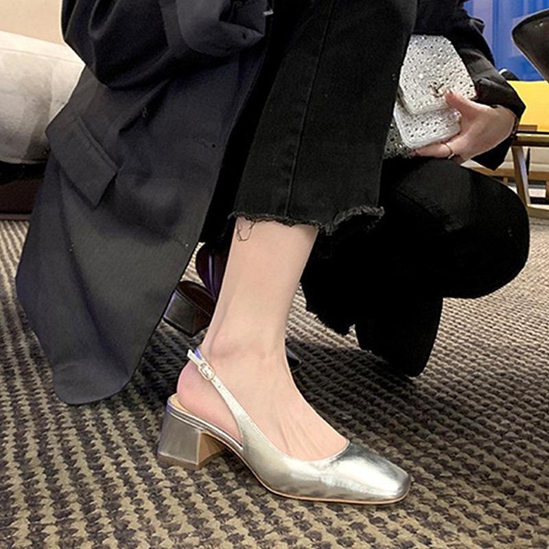 Sheepskin bag head sandals women's summer outer wear square head temperament medium high heel rear empty bag head shallow thick heel single shoes