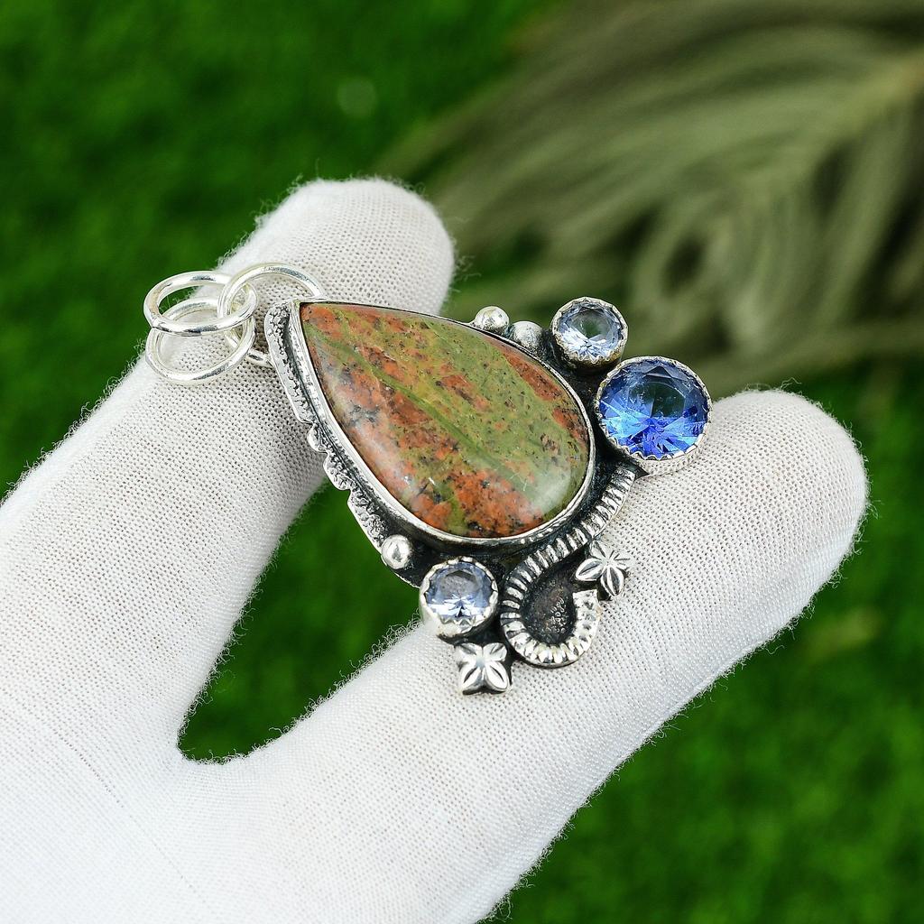 Natural Unakite Gemstone Pendant 925 Sterling Silver Indian Jewelry For Women