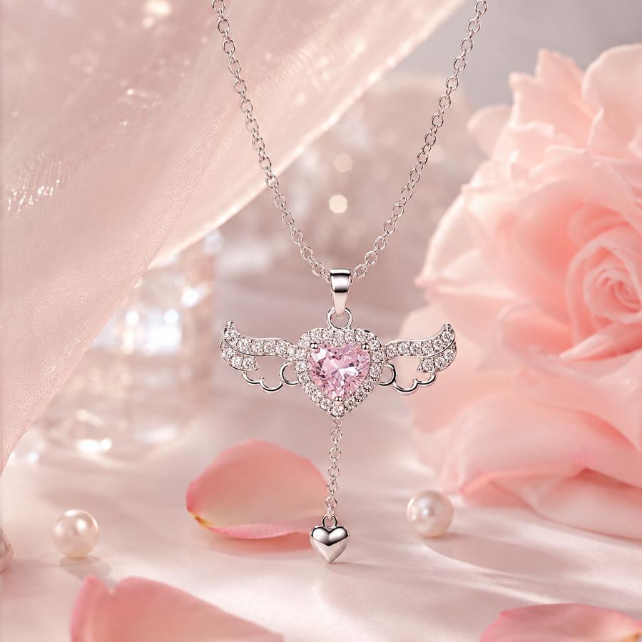 Collana Certificata in Argento Puro S999 con Ali d'Angelo, Ciondolo a Goccia Y con Cuore di Cupido e Cristallo Rosa, Gioiello Romantico Fairycore Regalo per Lei