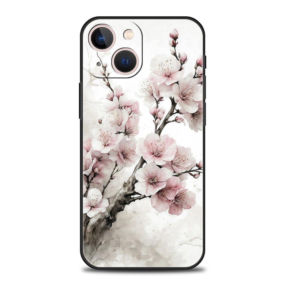 Luxus Handyhülle Für Apple iPhone 11 15 14 Pro MAX 12 13 7 8 Plus X XR XS MAX SE Silikon Schwarze Hülle Funda Kirschblütenbaum