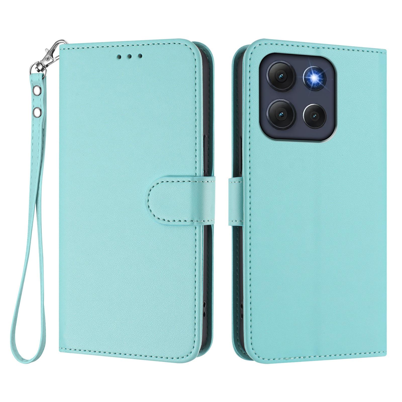 

Для Motorola Moto G86 5G Кожаный чехол-кошелек с подставкой и ремешком на запястье Mint Green