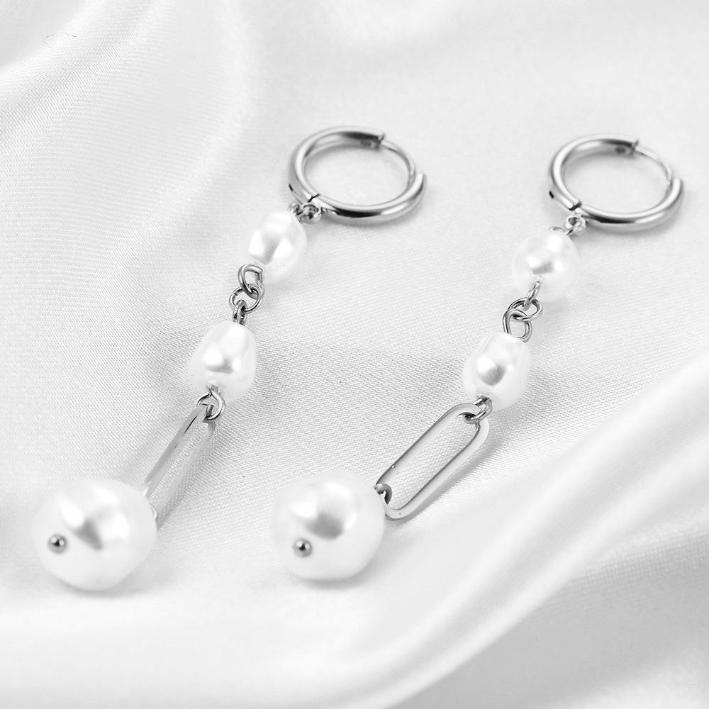 European & American Retro Faux Pearl Geometric Tassel Earrings with Studs