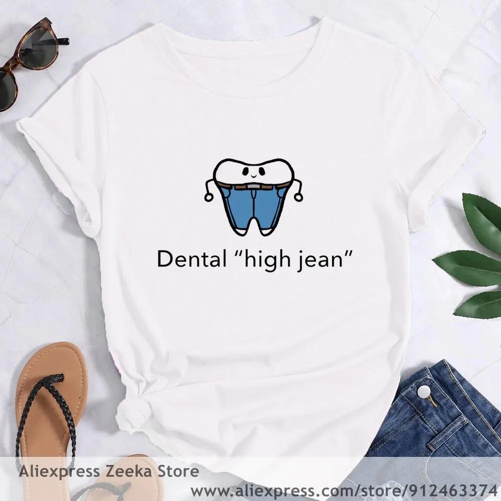 

Tooth and Dentist Graphic Aesthetic Women Funny Print Ladies Tshirt Girl Y2K Harajuku Basis Ocollar White Shirt Short S