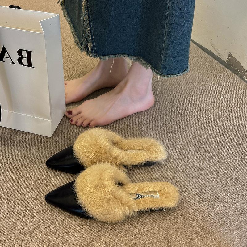 Pointed hair mop 2025 autumn and winter versatile fashion bag head half slippers women's new thousand bird grid outer wear flat bottom non-slip